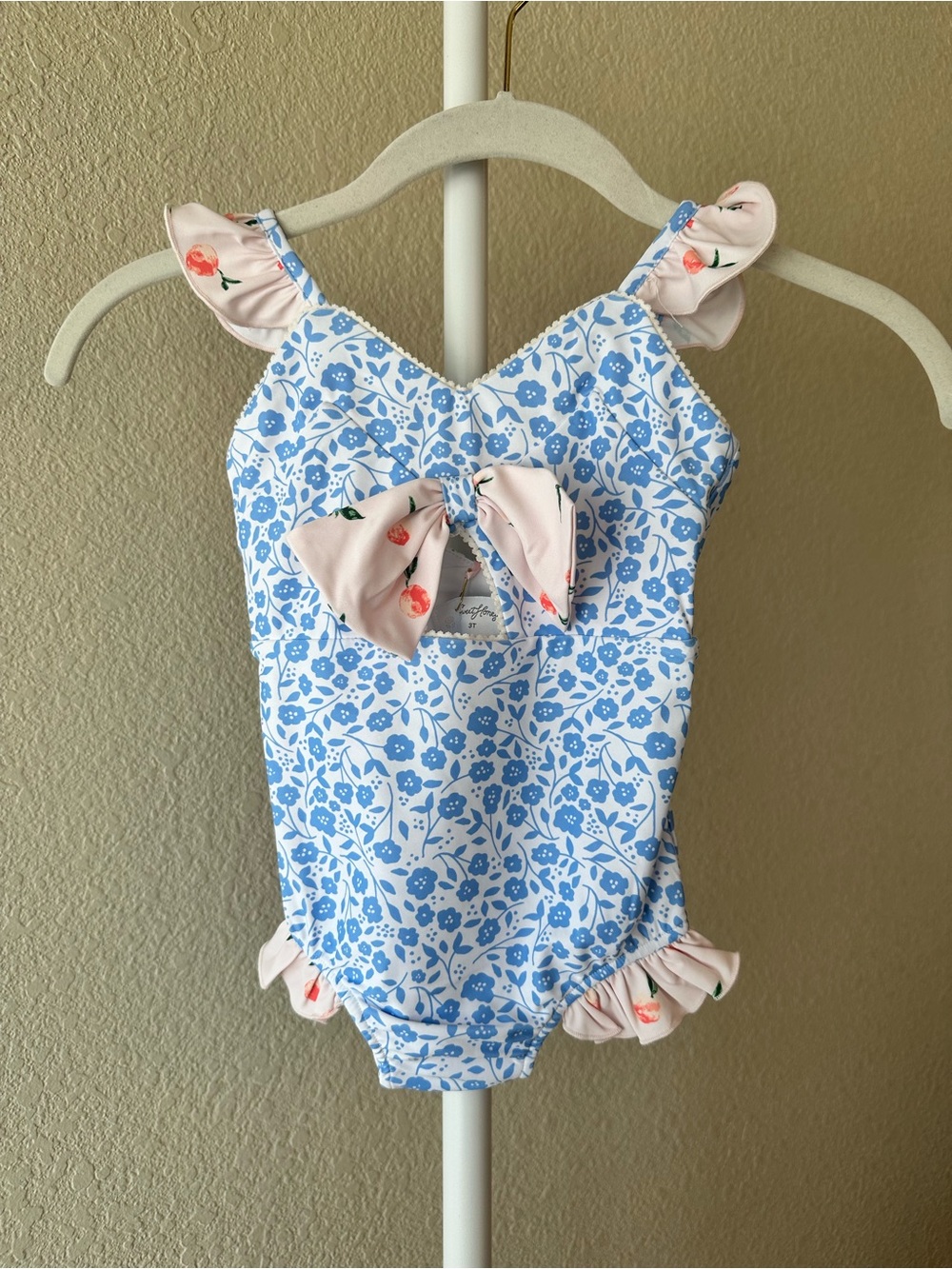 Sweet Honey kids one piece swimsuit ruffle cutout bow blue and pink size 3T NWT